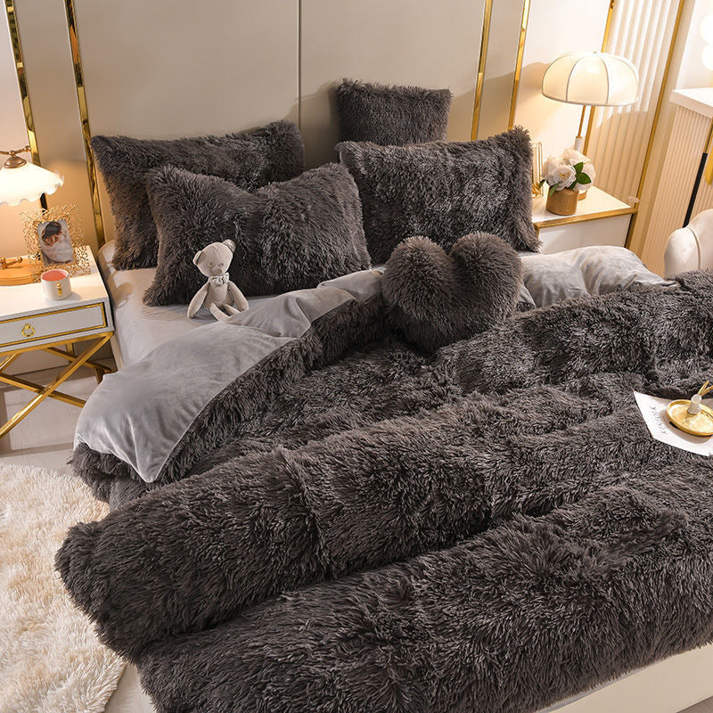 4 Pieces Colorful Fluffy Faux Fur Comforter Cover Bedding Set