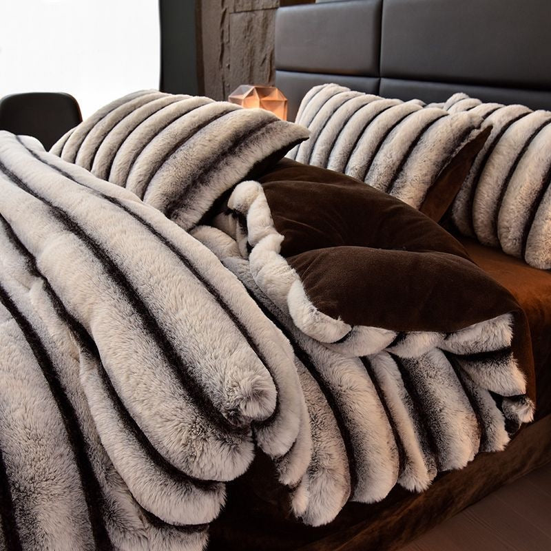 4 Pieces Classic Luxury Faux Rabbit Fur Striped Bedding Set