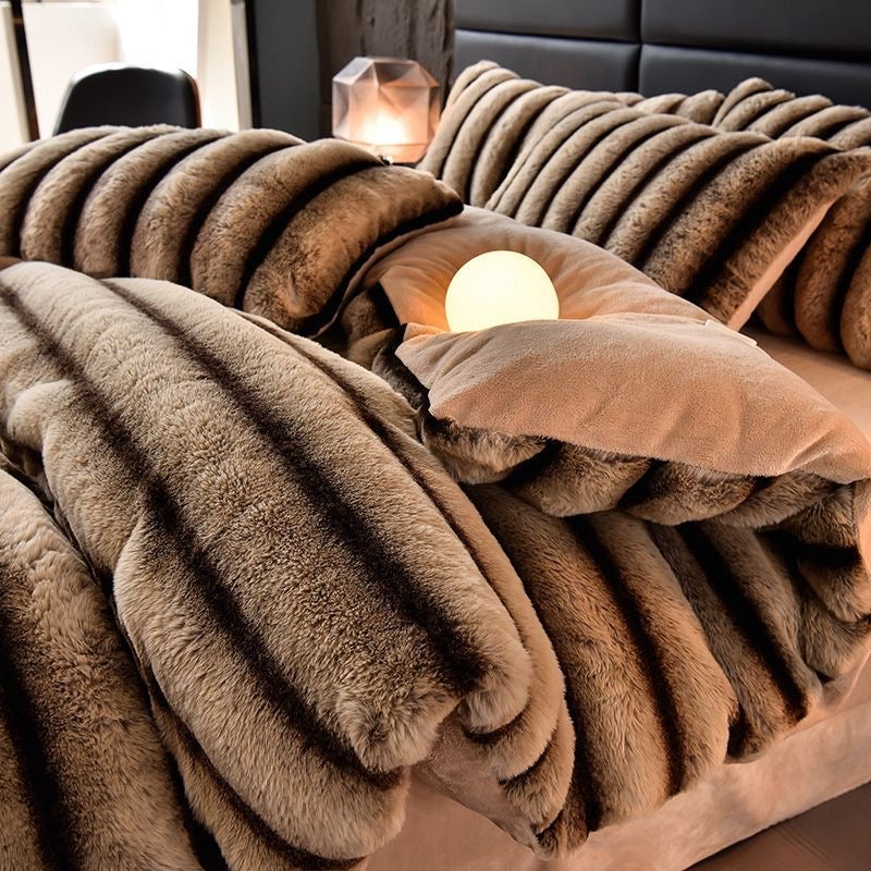 4 Pieces Classic Luxury Faux Rabbit Fur Striped Bedding Set