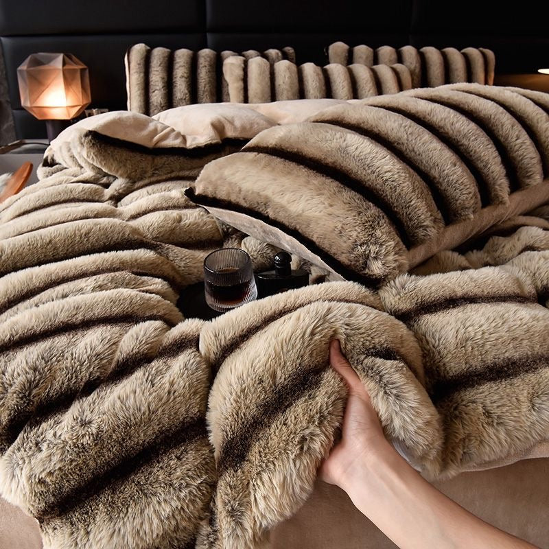 4 Pieces Classic Luxury Faux Rabbit Fur Striped Bedding Set