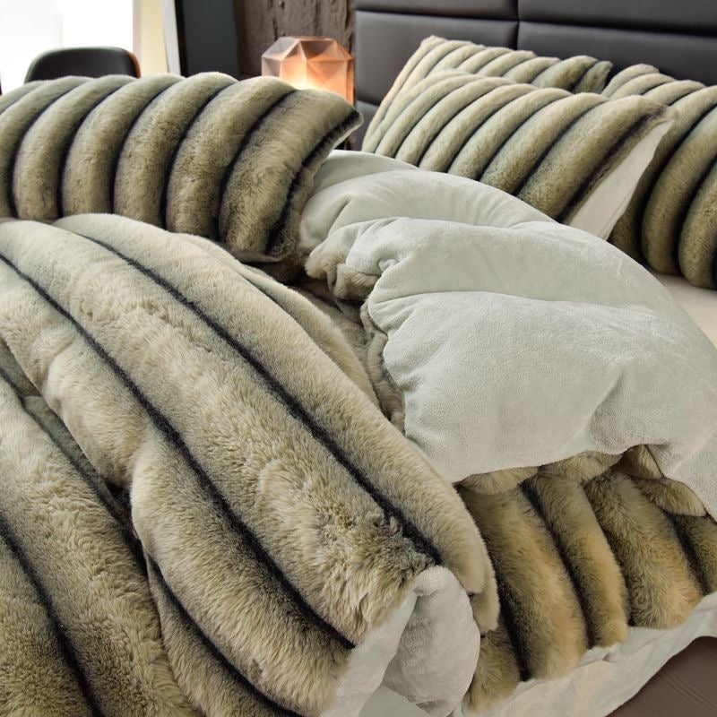4 Pieces Classic Luxury Faux Rabbit Fur Striped Bedding Set