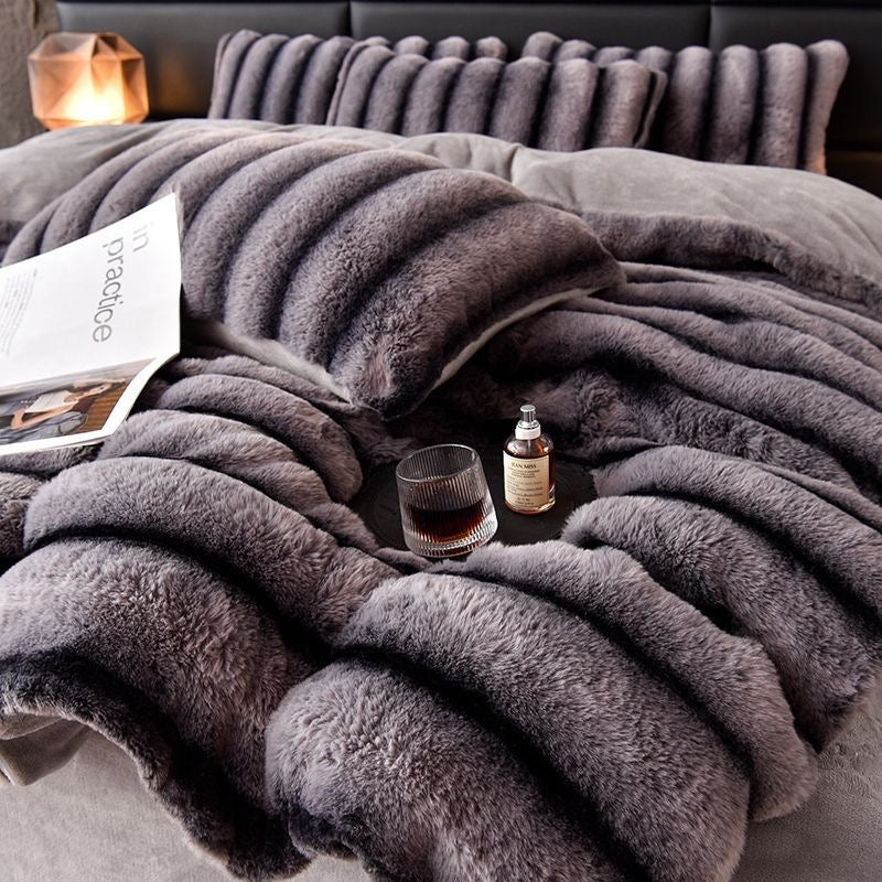 4 Pieces Classic Luxury Faux Rabbit Fur Striped Bedding Set