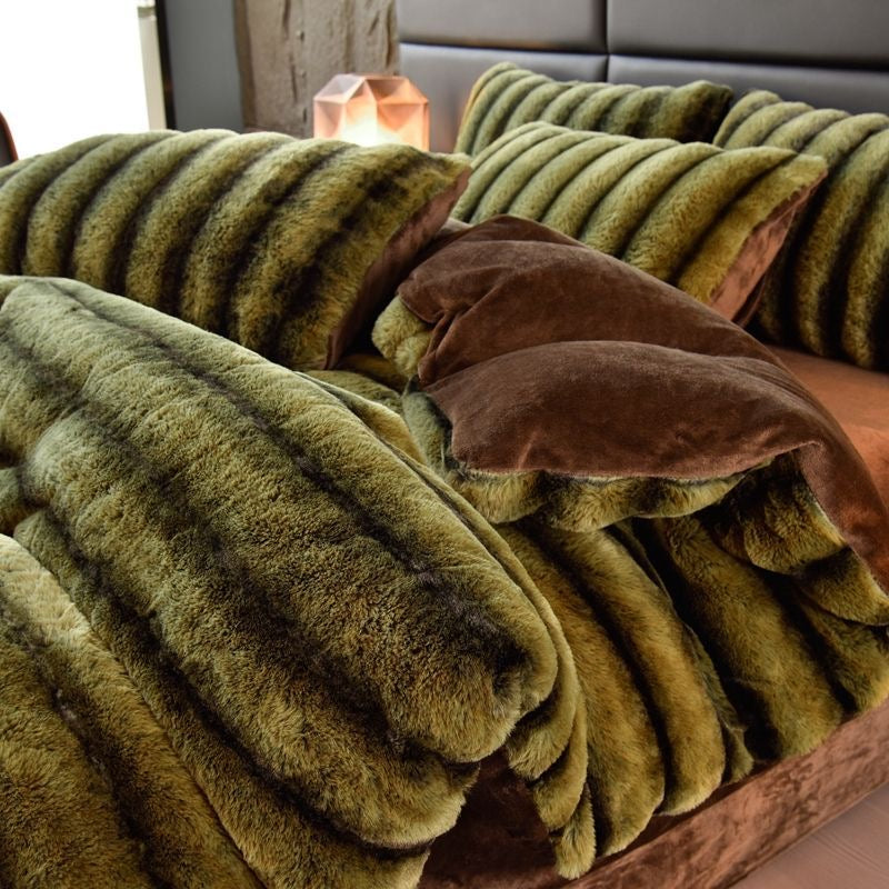 4 Pieces Classic Luxury Faux Rabbit Fur Striped Bedding Set