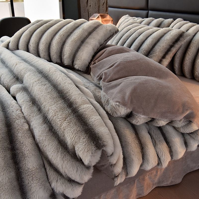 4 Pieces Classic Luxury Faux Rabbit Fur Striped Bedding Set