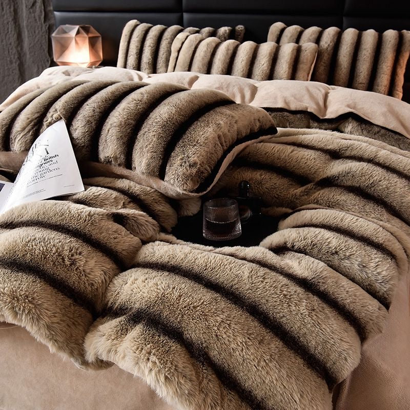 4 Pieces Classic Luxury Faux Rabbit Fur Striped Bedding Set