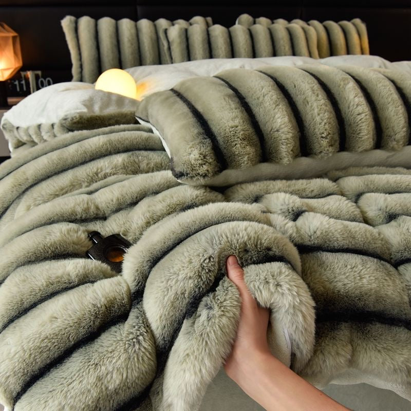 4 Pieces Classic Luxury Faux Rabbit Fur Striped Bedding Set