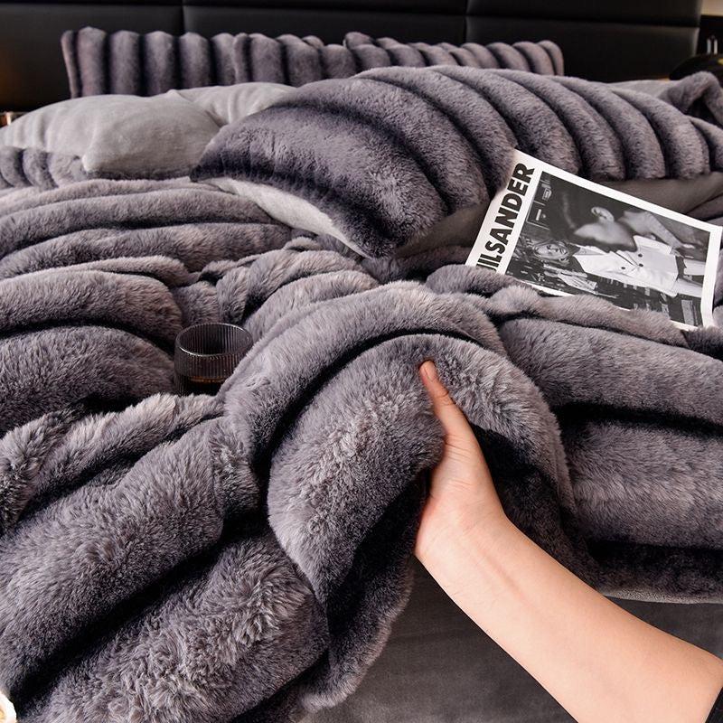 4 Pieces Classic Luxury Faux Rabbit Fur Striped Bedding Set