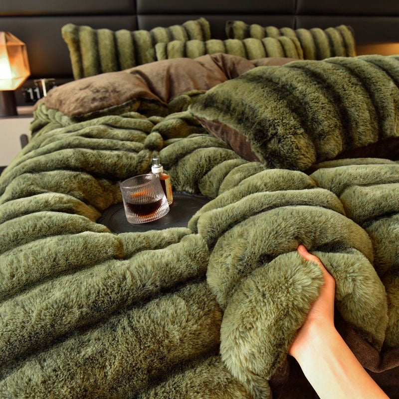 4 Pieces Classic Luxury Faux Rabbit Fur Striped Bedding Set