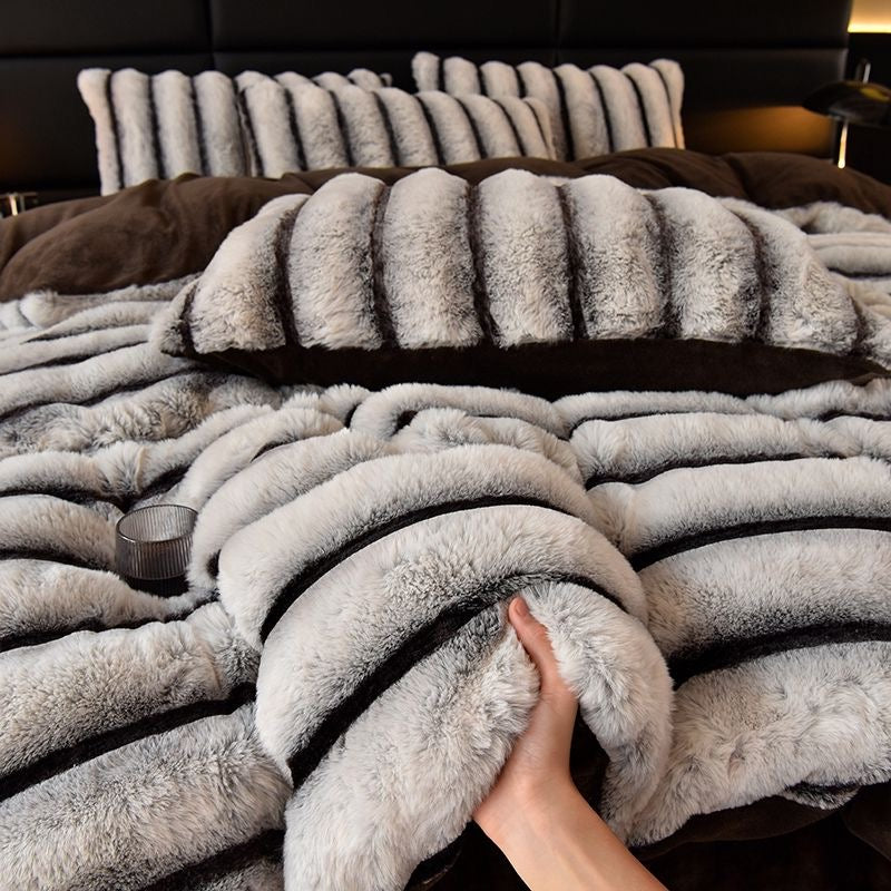 4 Pieces Classic Luxury Faux Rabbit Fur Striped Bedding Set