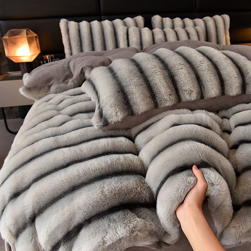 4 Pieces Classic Luxury Faux Rabbit Fur Striped Bedding Set