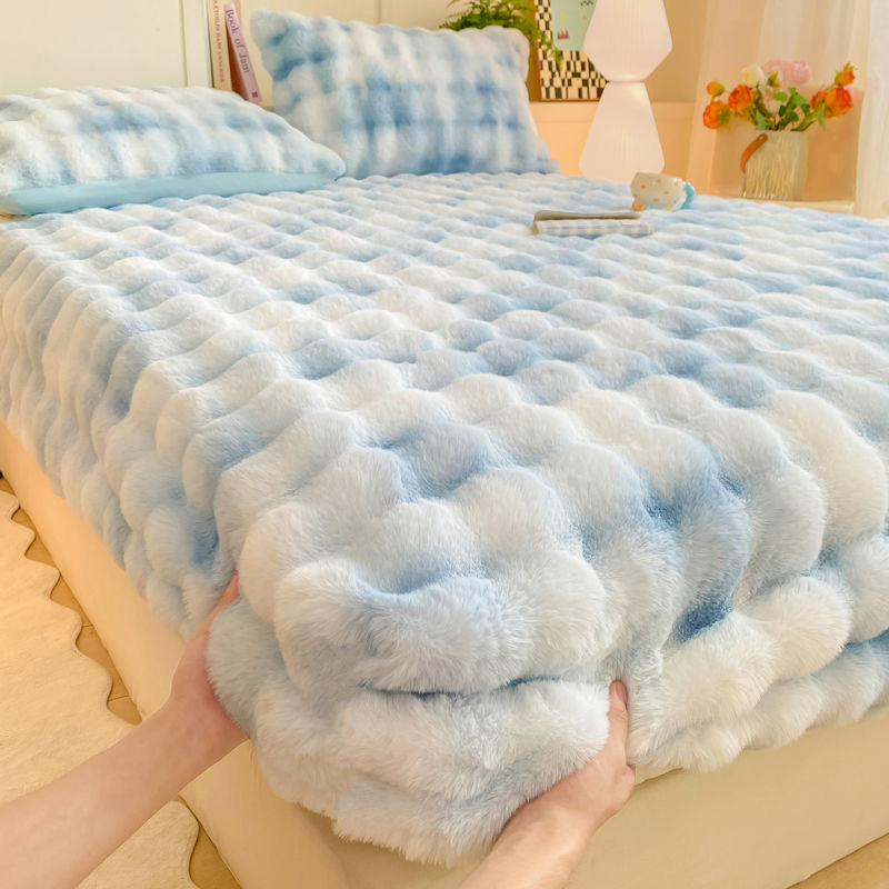 Colorful Deep Pocket Faux Fur Flannel Warm Plush Shaggy Fitted Bed Sheet Set