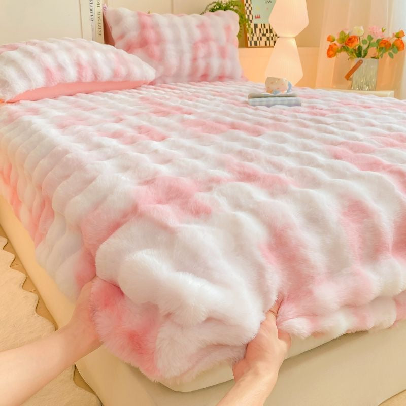 Colorful Deep Pocket Faux Fur Flannel Warm Plush Shaggy Fitted Bed Sheet Set