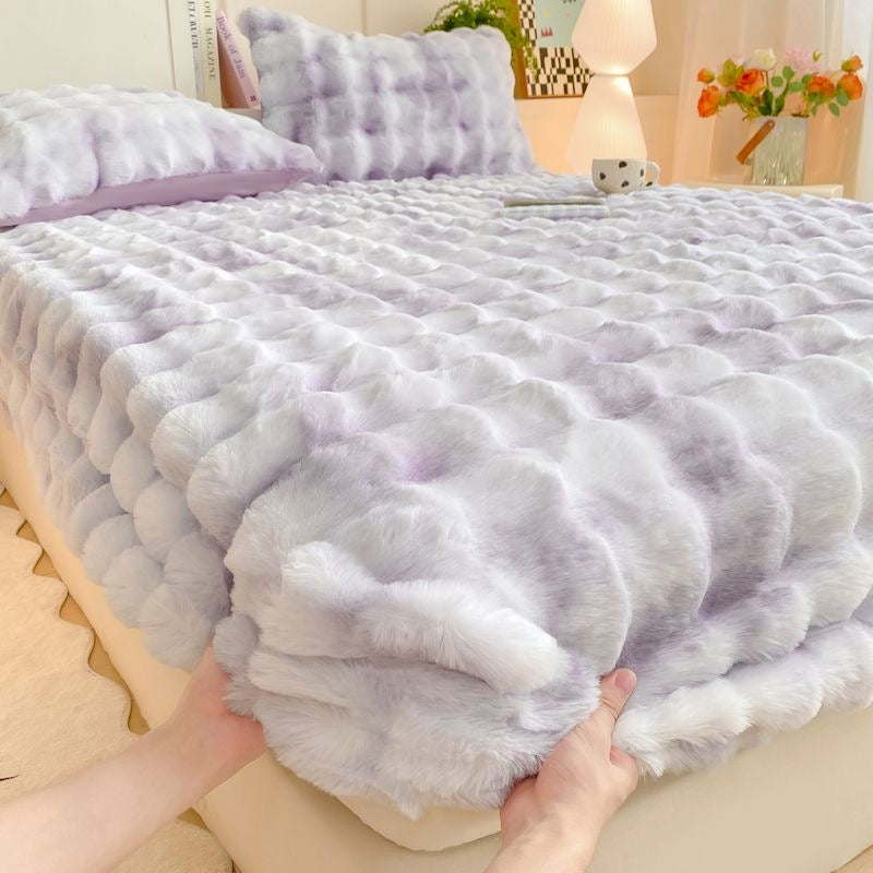 Colorful Deep Pocket Faux Fur Flannel Warm Plush Shaggy Fitted Bed Sheet Set