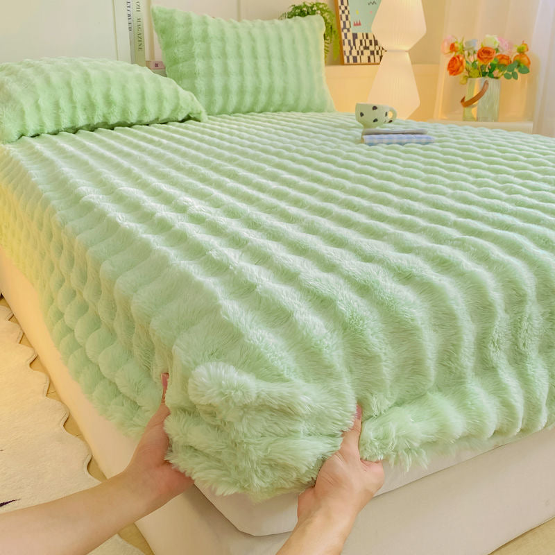 Colorful Deep Pocket Faux Fur Flannel Warm Plush Shaggy Fitted Bed Sheet Set