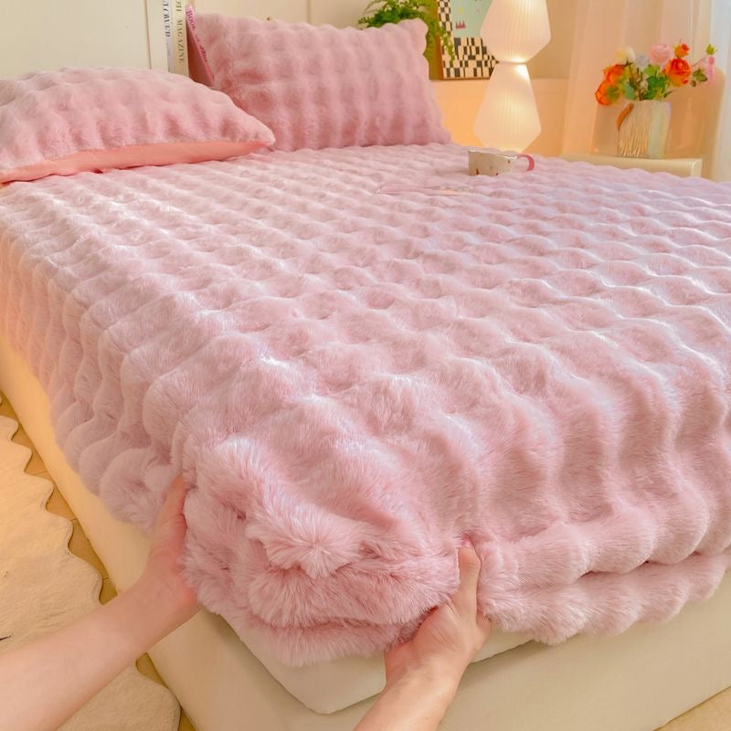 Colorful Deep Pocket Faux Fur Flannel Warm Plush Shaggy Fitted Bed Sheet Set