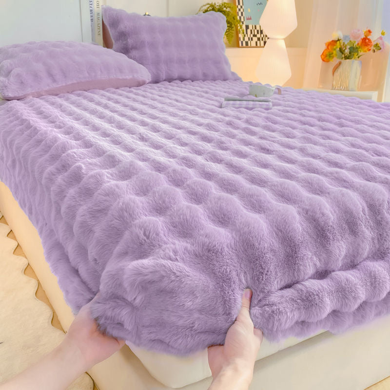 Colorful Deep Pocket Faux Fur Flannel Warm Plush Shaggy Fitted Bed Sheet Set