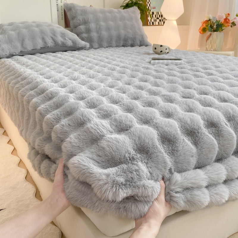 Colorful Deep Pocket Faux Fur Flannel Warm Plush Shaggy Fitted Bed Sheet Set