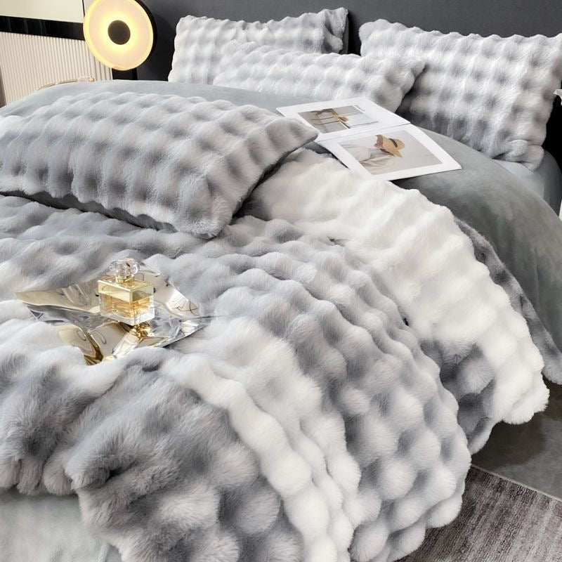 Faux Fur Soft Plush Double Sided Fleece Duvet Cover with Velvet Bed Sheet Bedding Set
