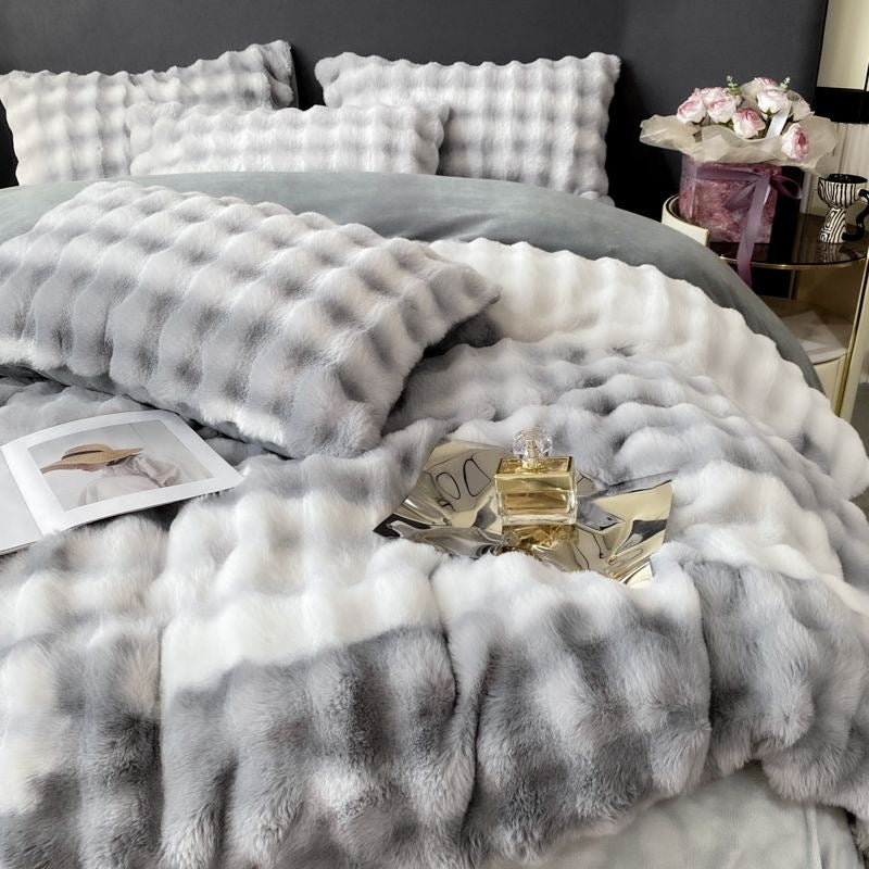 Faux Fur Soft Plush Double Sided Fleece Duvet Cover with Velvet Bed Sheet Bedding Set
