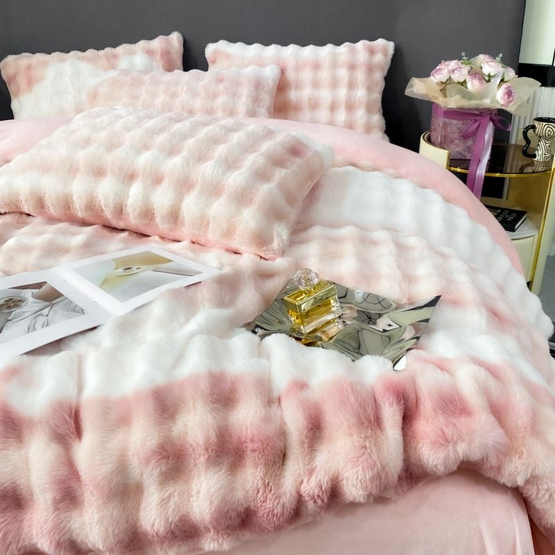 Faux Fur Soft Plush Double Sided Fleece Duvet Cover with Velvet Bed Sheet Bedding Set