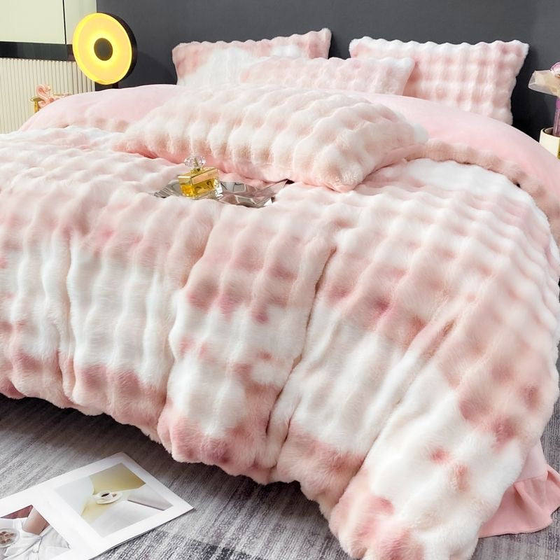 Faux Fur Soft Plush Double Sided Fleece Duvet Cover with Velvet Bed Sheet Bedding Set