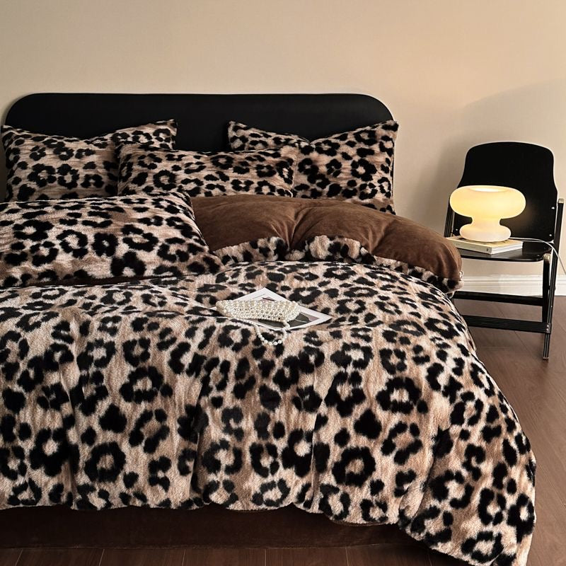 4 Pieces Vintage Print Soft Plush Faux Fur Fuzzy Comforter Cover Bedding Set
