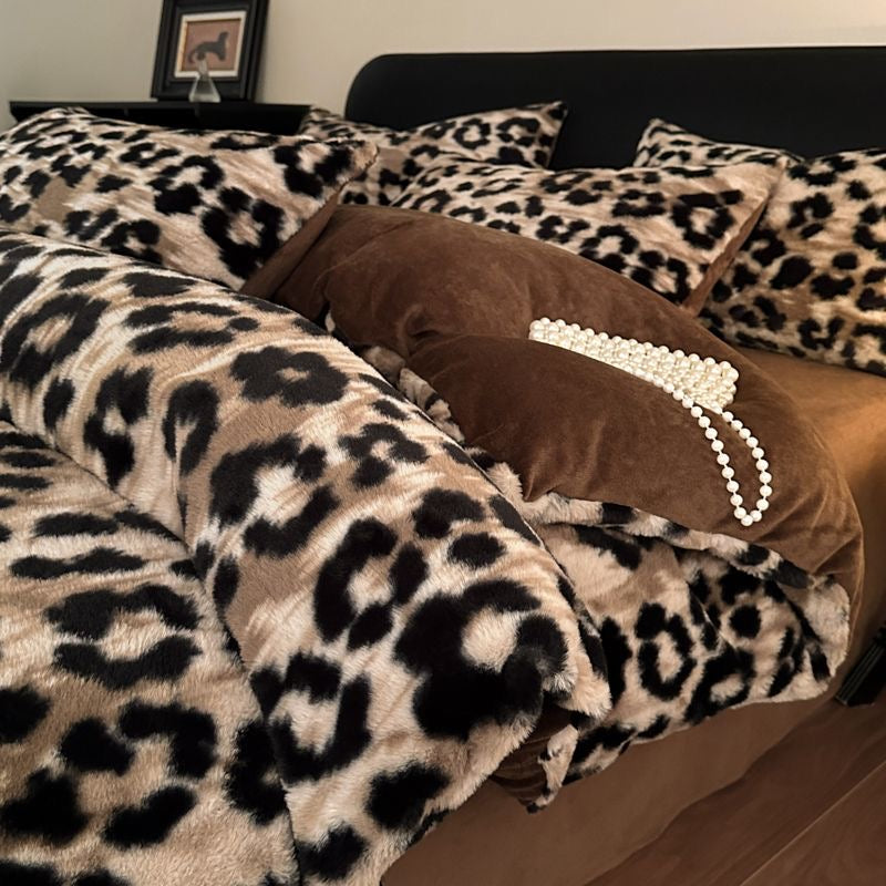 4 Pieces Vintage Print Soft Plush Faux Fur Fuzzy Comforter Cover Bedding Set