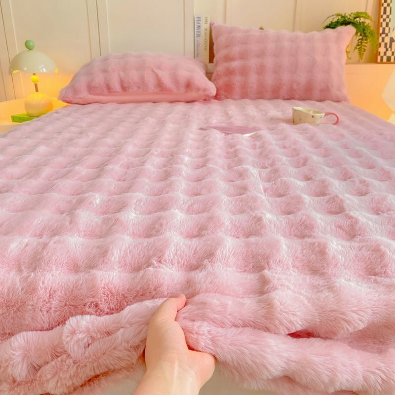 Colorful Deep Pocket Faux Fur Flannel Warm Plush Shaggy Fitted Bed Sheet Set