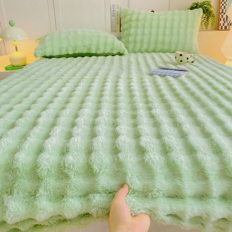 Colorful Deep Pocket Faux Fur Flannel Warm Plush Shaggy Fitted Bed Sheet Set