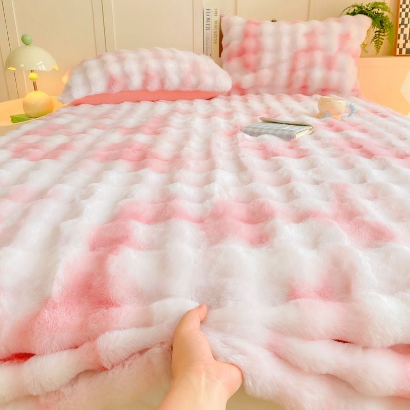 Colorful Deep Pocket Faux Fur Flannel Warm Plush Shaggy Fitted Bed Sheet Set