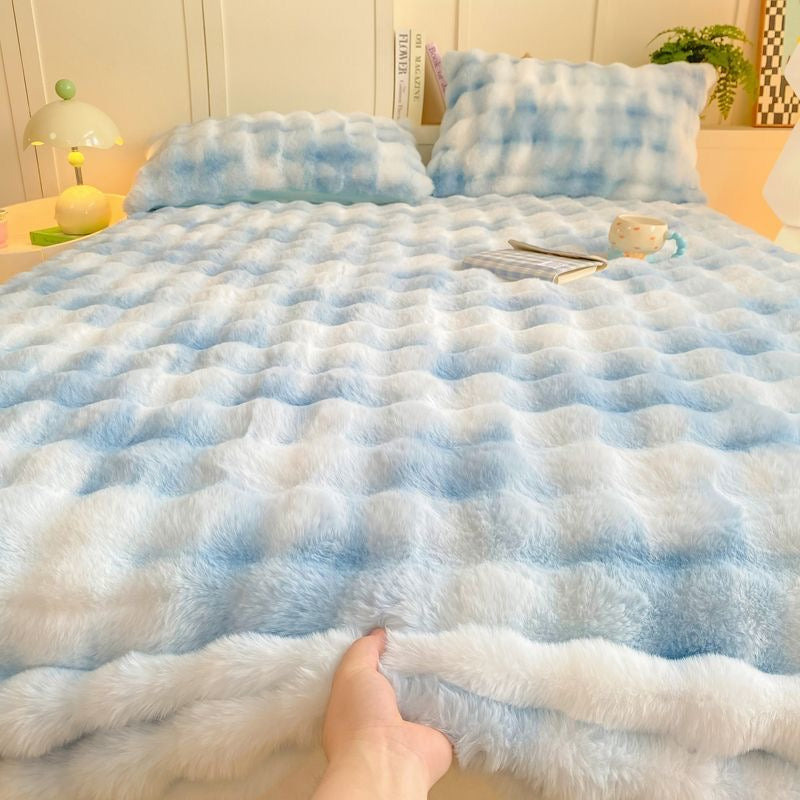 Colorful Deep Pocket Faux Fur Flannel Warm Plush Shaggy Fitted Bed Sheet Set