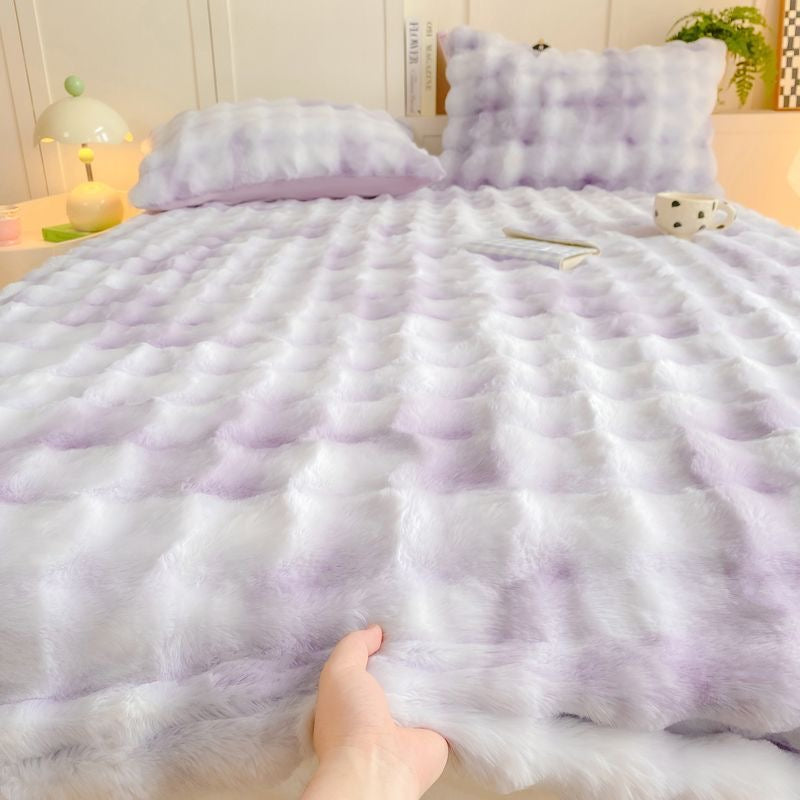 Colorful Deep Pocket Faux Fur Flannel Warm Plush Shaggy Fitted Bed Sheet Set