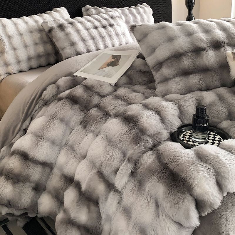 Faux Fur Soft Plush Double Sided Fleece Duvet Cover with Velvet Bed Sheet Bedding Set