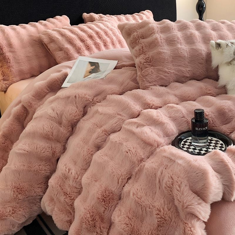 Faux Fur Soft Plush Double Sided Fleece Duvet Cover with Velvet Bed Sheet Bedding Set