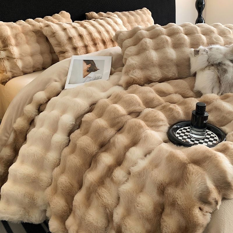 Faux Fur Soft Plush Double Sided Fleece Duvet Cover with Velvet Bed Sheet Bedding Set