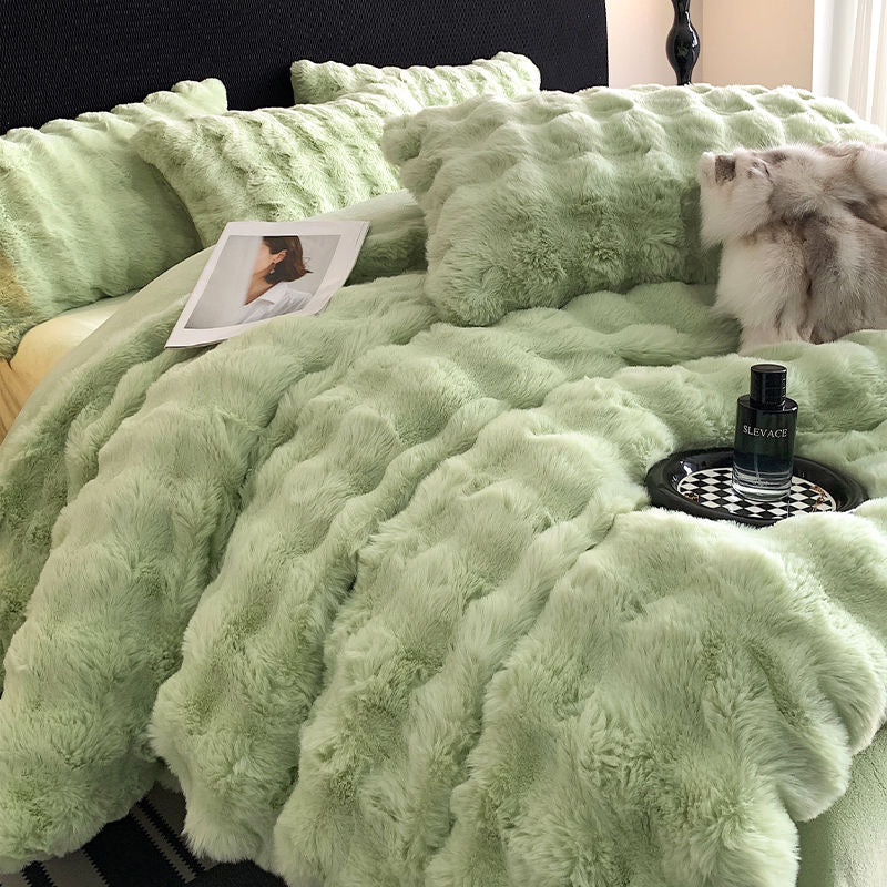 Faux Fur Soft Plush Double Sided Fleece Duvet Cover with Velvet Bed Sheet Bedding Set