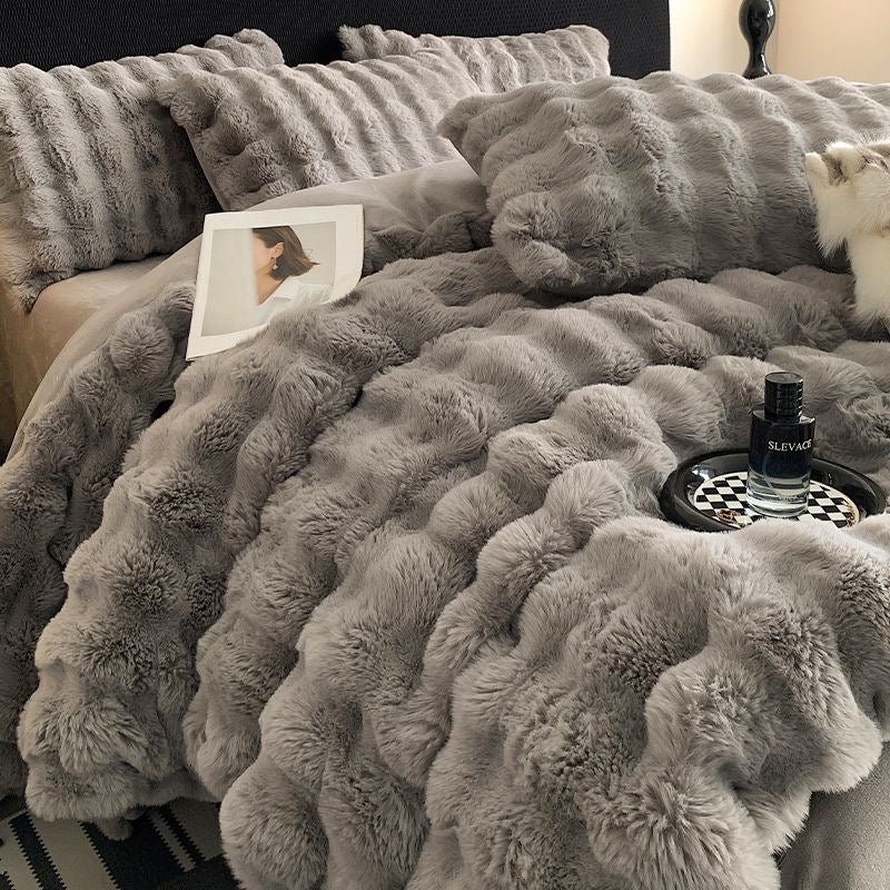 Faux Fur Soft Plush Double Sided Fleece Duvet Cover with Velvet Bed Sheet Bedding Set