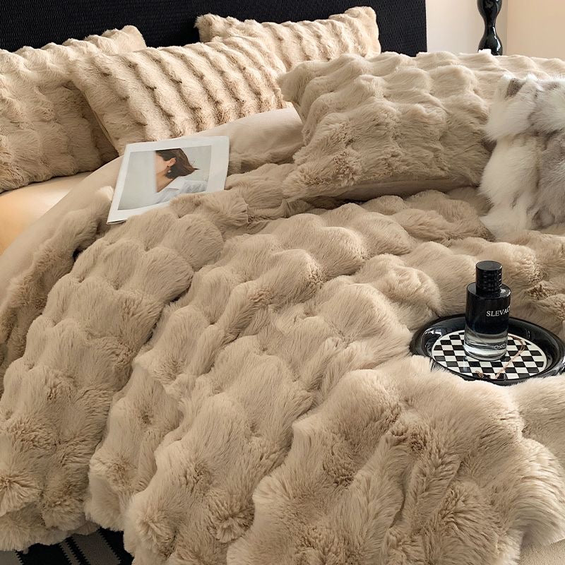 Faux Fur Soft Plush Double Sided Fleece Duvet Cover with Velvet Bed Sheet Bedding Set