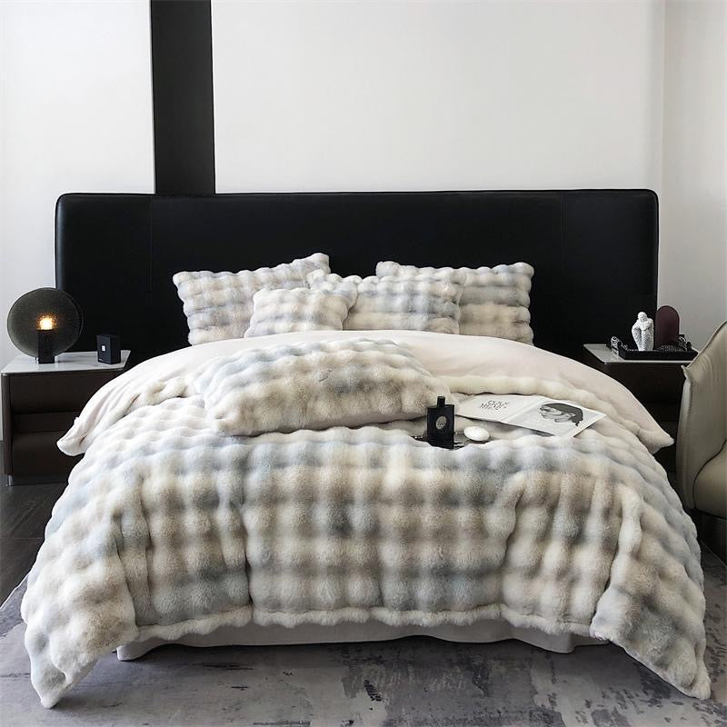 Faux Fur Soft Plush Double Sided Fleece Duvet Cover with Velvet Bed Sheet Bedding Set