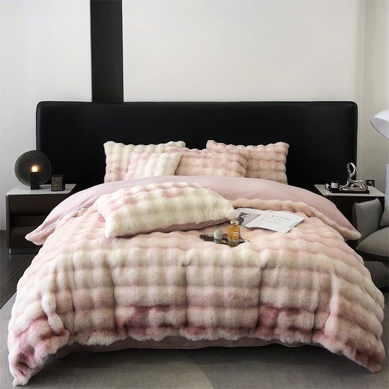 Faux Fur Soft Plush Double Sided Fleece Duvet Cover with Velvet Bed Sheet Bedding Set