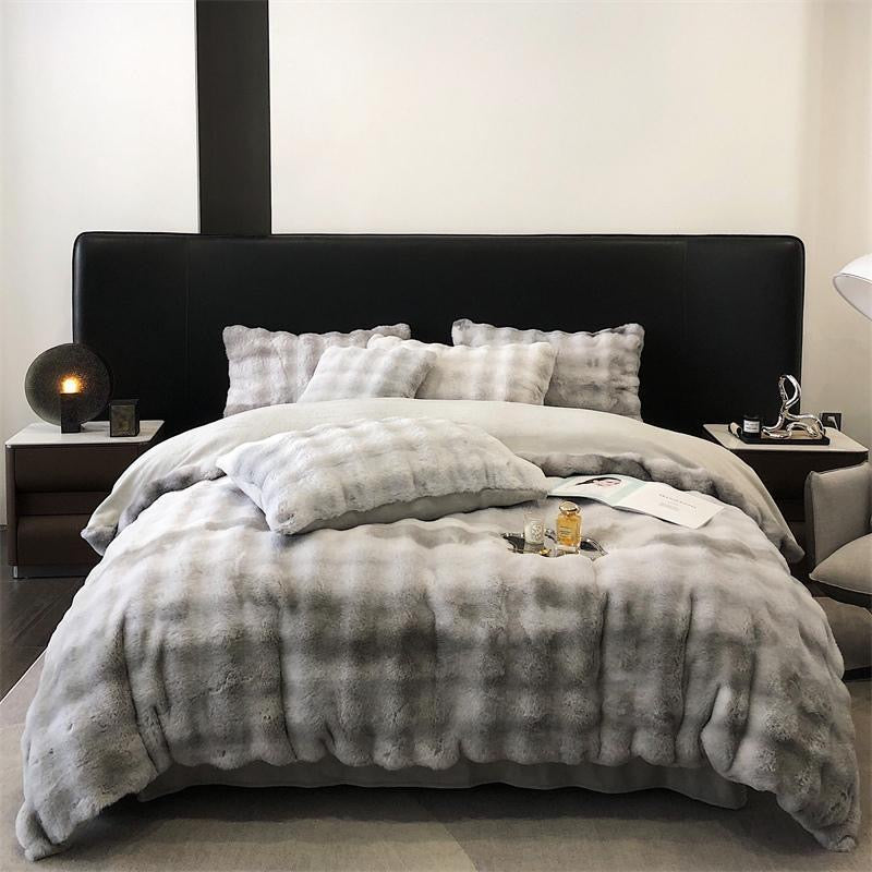 Faux Fur Soft Plush Double Sided Fleece Duvet Cover with Velvet Bed Sheet Bedding Set