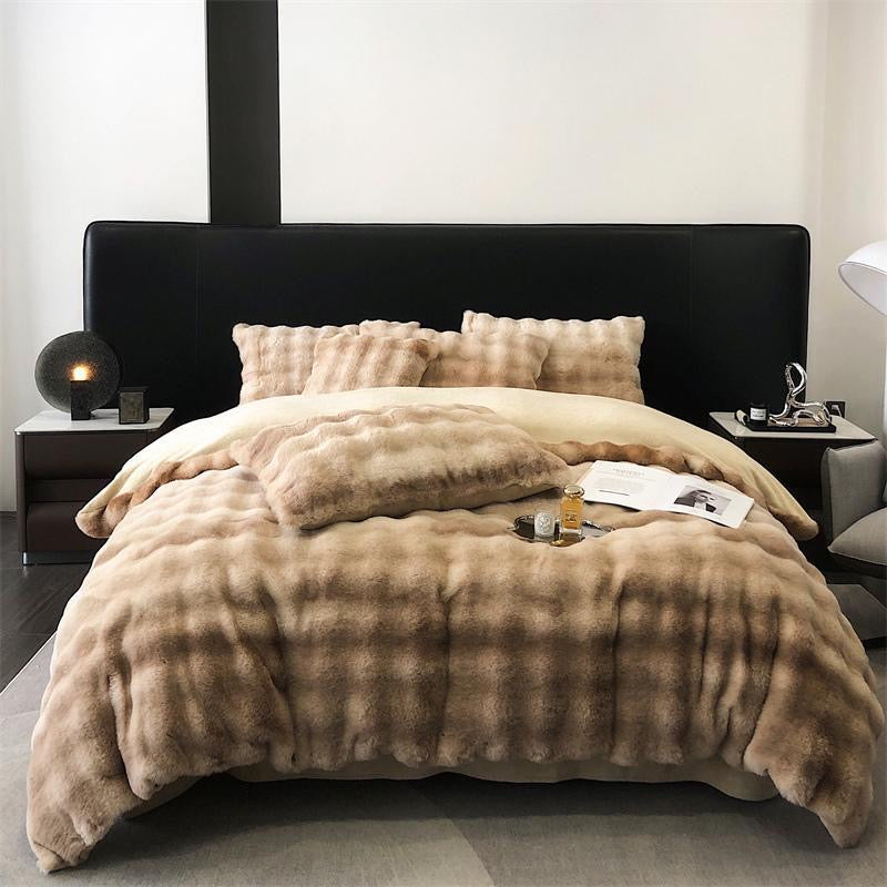 Faux Fur Soft Plush Double Sided Fleece Duvet Cover with Velvet Bed Sheet Bedding Set