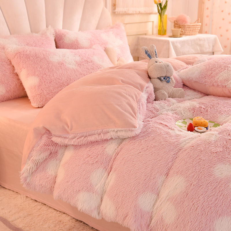 4 Pieces Faux Fur Pattern Plush Shaggy Fluffy Flannel Duvet Cover Bedding Set
