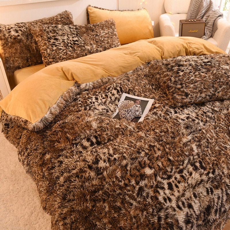 4 Pieces Faux Fur Pattern Plush Shaggy Fluffy Flannel Duvet Cover Bedding Set
