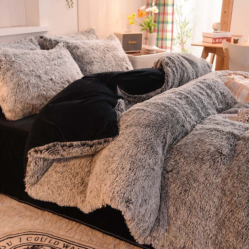 4 Pieces Faux Fur Pattern Plush Shaggy Fluffy Flannel Duvet Cover Bedding Set