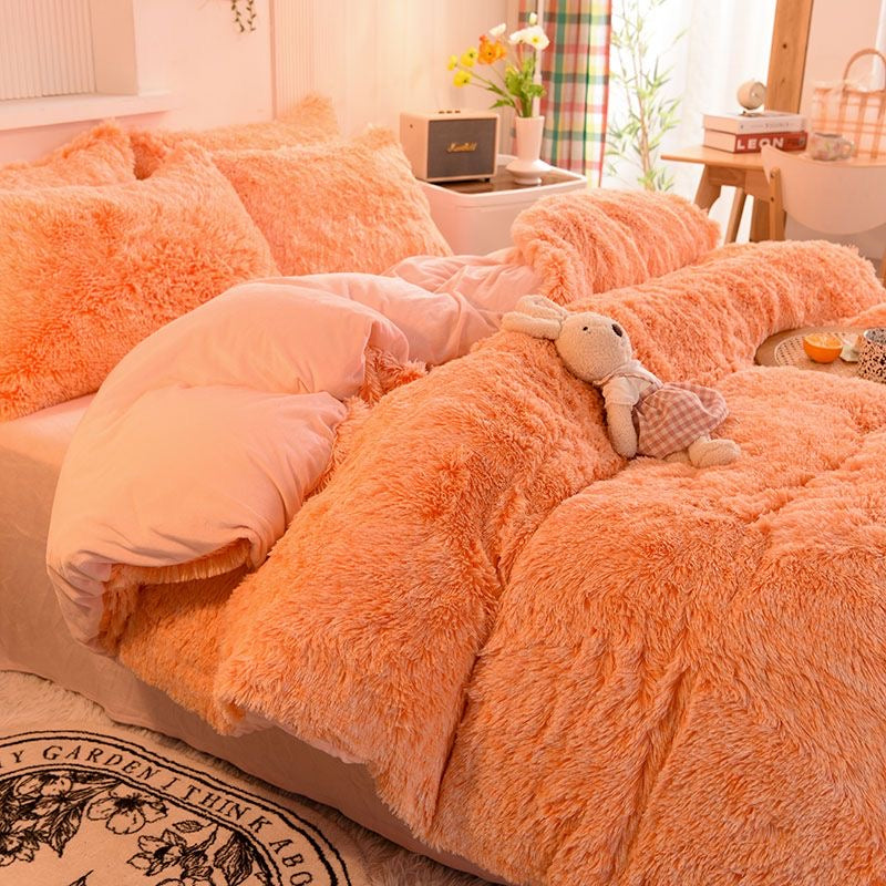 4 Pieces Faux Fur Pattern Plush Shaggy Fluffy Flannel Duvet Cover Bedding Set