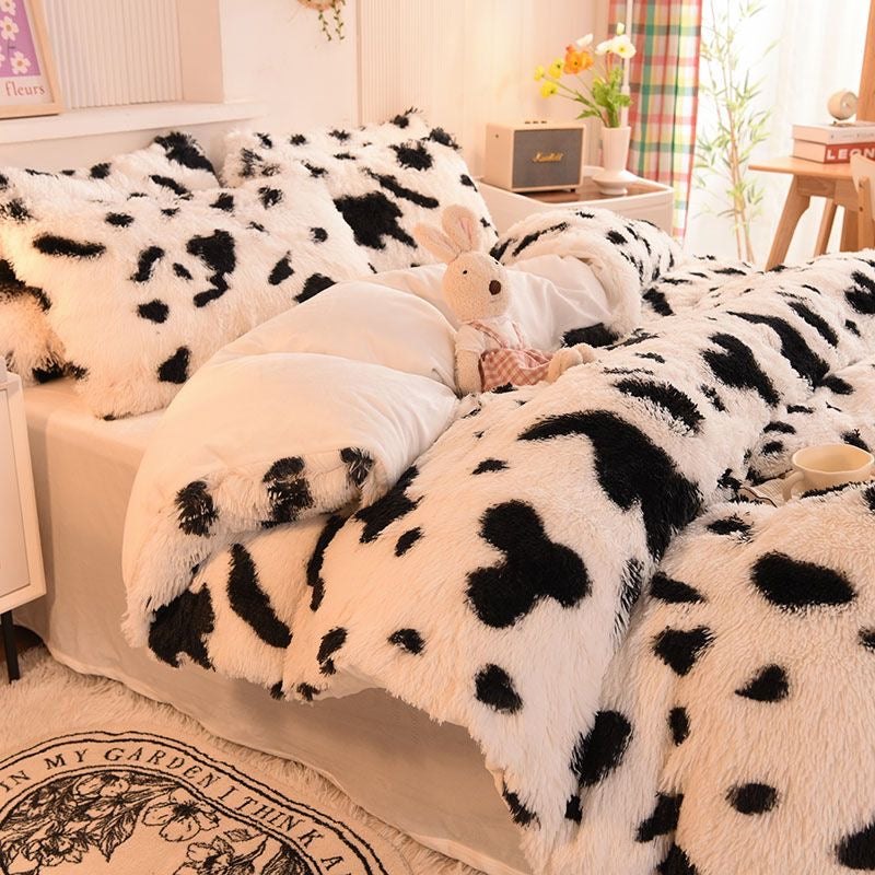 4 Pieces Faux Fur Pattern Plush Shaggy Fluffy Flannel Duvet Cover Bedding Set