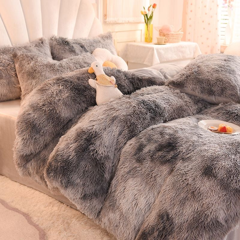 4 Pieces Faux Fur Pattern Plush Shaggy Fluffy Flannel Duvet Cover Bedding Set