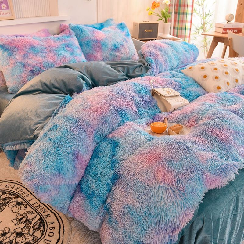 4 Pieces Faux Fur Pattern Plush Shaggy Fluffy Flannel Duvet Cover Bedding Set