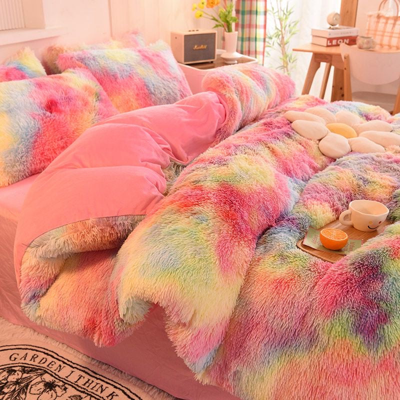 4 Pieces Faux Fur Pattern Plush Shaggy Fluffy Flannel Duvet Cover Bedding Set